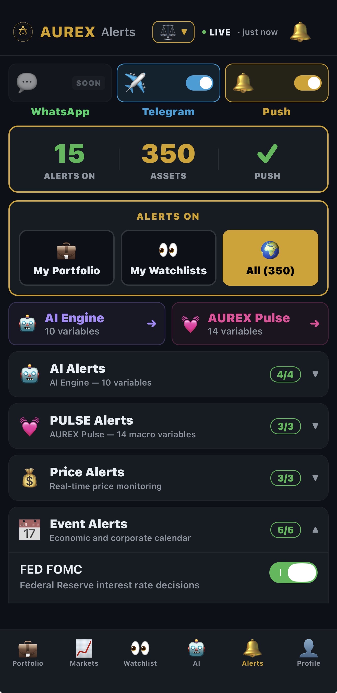 15 tipos de alerta push y Telegram